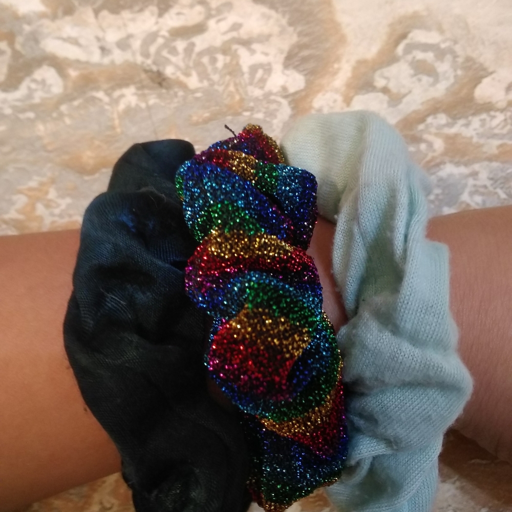 Teal, blue, and rainbow scrunchie set